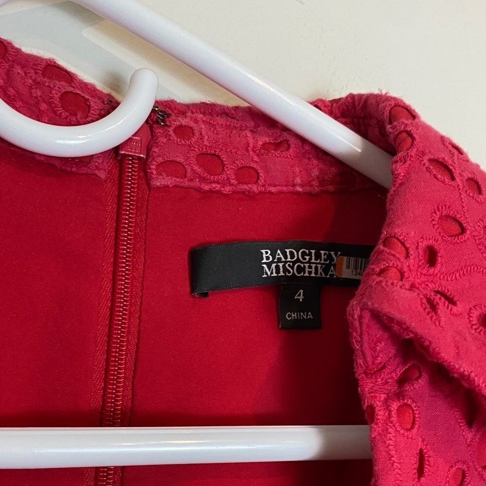 Badgley Mischka Eyelet Belted Vneck Midi Dress Red Raspberry Pink Puff Sleeve 4 - Picture 4 of 8
